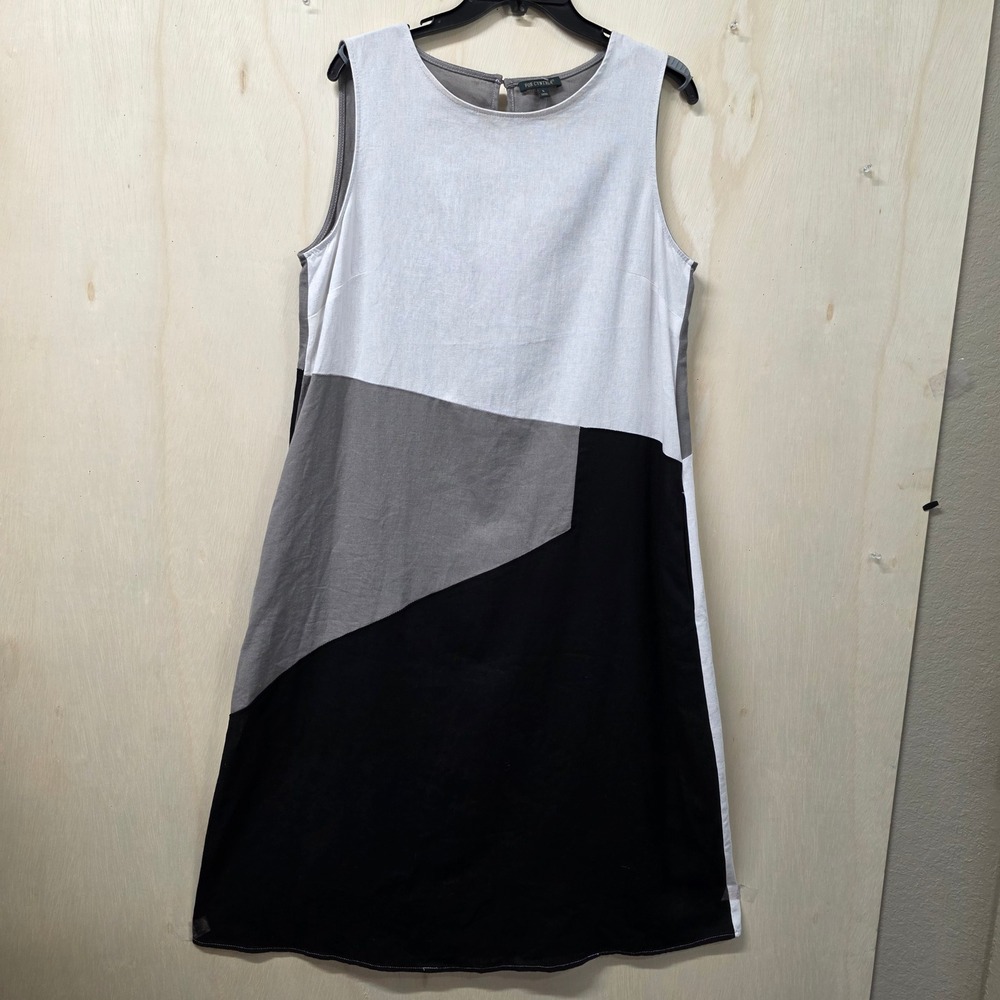 For Cynthia Womens Linen Blend Colorblock Geometric Shift Dress Grey Black L